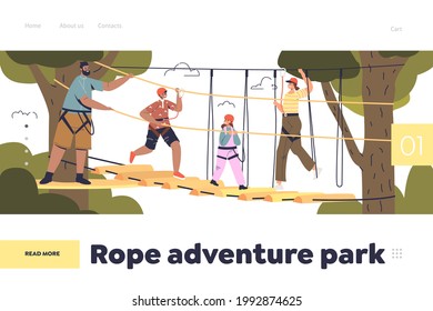 Rope adventure park concept of landing page with big family climbing in skypark together wearing safety helmets. Extreme leisure activity. Cartoon flat vector illustration