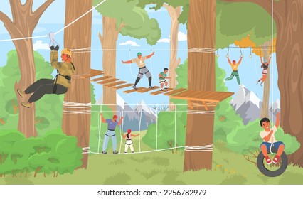 Rope adventure park flat vector illustration. Happy adult people and children climbing trees, overcoming obstacles enjoy extreme recreation time outdoors