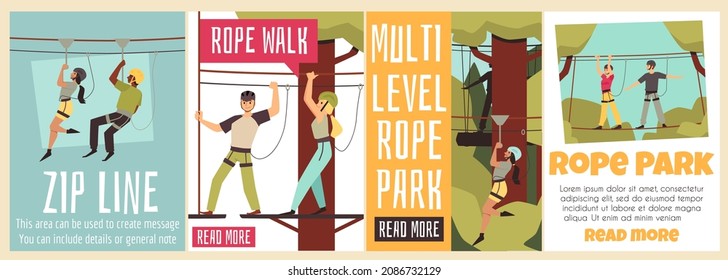 Rope adventure park with visitors in flat vector illustration with text. Set of banners with young woman, cartoon man character climbing a tightrope on a sports walk, overcoming obstacles in safe gear