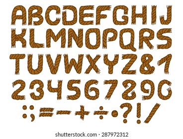 Rope alphabet and number brown of handwritten vector set.English alphabet. Marine background