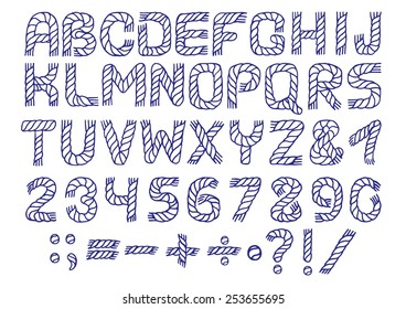 Rope alphabet  and number vector set of handwritten digits vector. Marine background