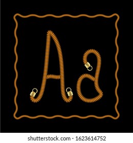Rope Alphabet. Uppercase And Lowercase Letters A With Gold Tips On Black Background. Creative Design Template Elements For Your Corporate Identity Or Application. Hand Written Font Inside A Rope Frame