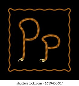 Rope Alphabet. Uppercase And Lowercase Letters P With Gold Tips On Black Background. Creative Design Template Elements For Your Corporate Identity Or Application. Hand Written Font Inside A Rope Frame