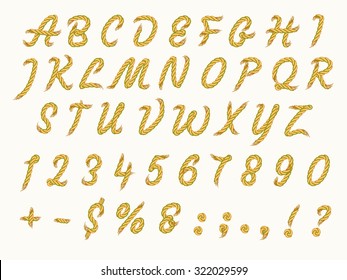 Rope alphabet vector font isolated on light background. Serif type letters, numbers and symbols. Stock vector typography for posters, labels, headlines. 