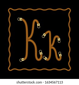 Rope Alphabet. Vintage Latin Uppercase And Lowercase K Letters With Gold Tips Inside Ropes Frame Border. Graphic Design Elements For Invitations, Application, Corporate Identity. Vector Illustration.