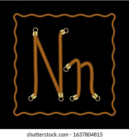 Rope Alphabet. Vintage Latin Uppercase And Lowercase N Letters With Gold Tips Inside Ropes Frame Border. Graphic Design Elements For Invitations, Application, Corporate Identity. Vector Illustration.