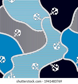 Rope with anchors and stripes. Marine seamless pattern. Vector illustration