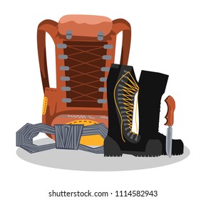 Rope, Army boots, Equipment, Equipment, Inventory for Adventure, Travel, Hiking, Mountaineering, Scouting, Tourists. Colorful hand drawn vector stock illustration. 