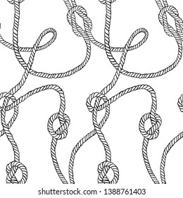 Rope background. Vector seamless pattern made of twisted ropes with knots. Abstract graphic drawing. Flat nautical ornament. 