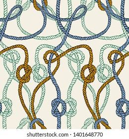 Rope background. Vector seamless pattern made of twisted ropes with knots. Abstract graphic drawing. Flat nautical ornament. 