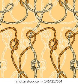 Rope background. Vector seamless pattern made of twisted ropes with knots. Abstract graphic drawing. Flat nautical ornament. 