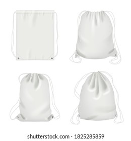Rope bag. Sport fabric white shoulder drawstring package vector realistic collection