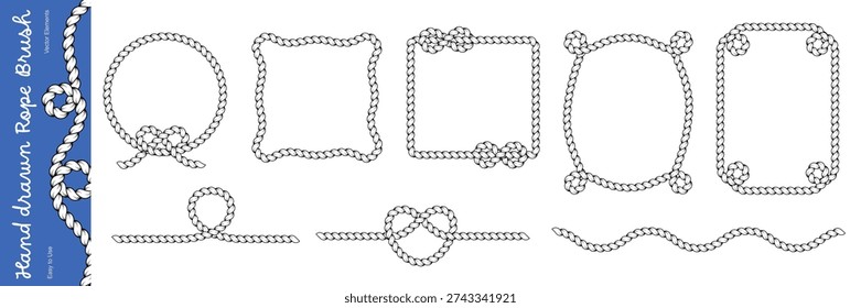 Rope border and frame collection. Twisted rope lines with decorative knots, heart shape and loops. Nautical vector elements