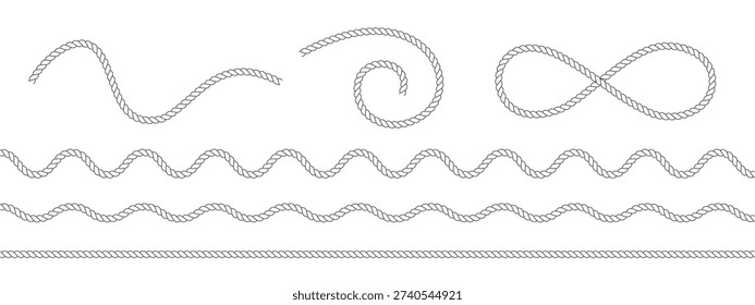 Rope border and pattern line set isolated. Cord jute string, nautical vector illustration, wave rope frame on white background.