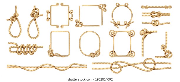 Rope border. Realistic hemp thread frames with knots and loops. 3D marine twisted natural jute cord. Square and round shapes from intertwined sailor cables. Vector isolated decorative twine template