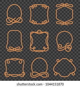 Rope border set. Thick strong cord in twisting for frame edge or boundary line. Vector flat style cartoon rope frame illustration isolated on black background