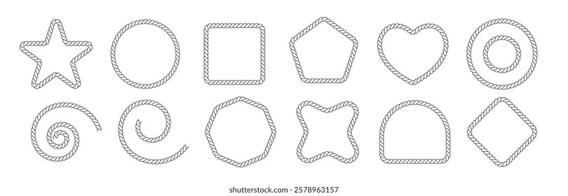 Rope borders frame. Square, star, rectangle, triangle, arc, flower, circle and oval isolated vector.