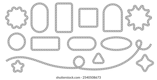 Bordas de corda na forma de quadrado, estrela, retângulo, triângulo, arco, flor, círculo e oval isolado em um fundo branco. Elemento de conjunto de design vetorial de pincel de corda em diferentes formas geométricas