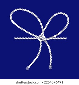 Rope bow isolated on navy background. Twisted cord with decorative loops and nautical knots. Braided rope decor. Vintage flat cartoon vector border.