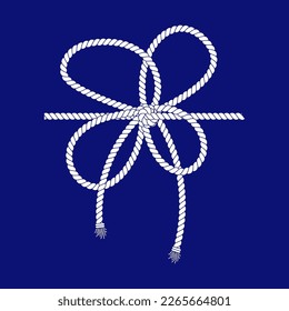 Rope bow isolated on navy background. Twisted cord with decorative loops and nautical knots. Braided rope decor. Vintage flat cartoon vector border.