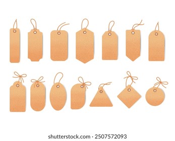 Rope bows tags. Paper cardboard labels with braided ribbon string, bow cord knot sale price blank tag thread hanging gift empty emblem different shape swanky vector illustration original artwork