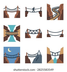 Rope bridge canyon crossing and mountain path icons