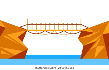 Puente de cuerda que conecta dos acantilados sobre el agua en estilo poligonal