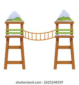 Rope bridge connecting two wooden towers covered with snow, element of adventure park for kids playing in the snow
