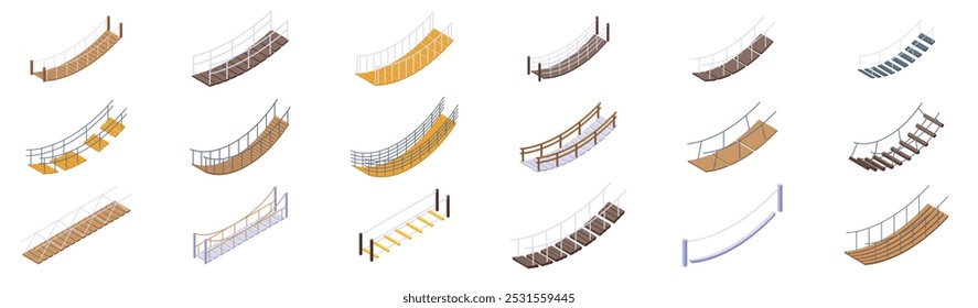 Conjunto de iconos de puente de cuerda. Colección de íconos aislados que representan diferentes tipos de puentes colgantes, perfectos para proyectos arquitectónicos o de ingeniería