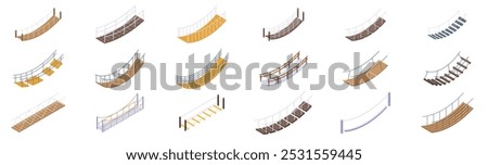 Rope bridge icons set. Collection of isolated icons representing different types of hanging bridges, perfect for architectural or engineering projects