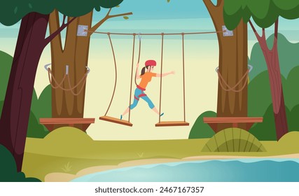 Rope bridge outdoor extreme sport activities for tourists people walking across wooden bridge on trees