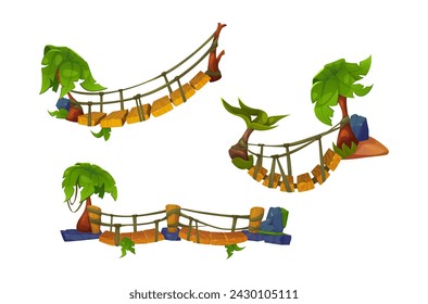 Puentes de cuerda establecidos aislados sobre fondo blanco. Ilustración vectorial de dibujos animados de puentes peatonales de madera con lianas verdes y palmeras, camino entre los bordes de la roca, elementos de diseño de ui juego de la selva