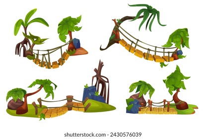 Rope bridges set isolated on white background. Vector cartoon illustration of wooden suspension footbridges with green lianas and palm trees, path between rock edges, jungle game ui design elements