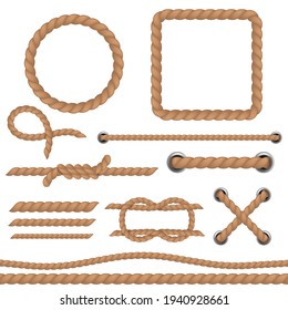 Rope Brown Set. Marine Cord Ropes Realistic Collection, Jute Or Hemp Cordage Frames And Borders, Round Twine Loop And Knot, Curve And Straight Lasso Decorative Elements Vector 3d Vintage Set