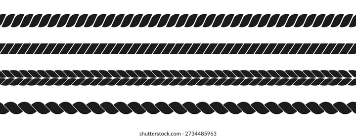 Rope brush simple decorative rope for frames and borders. Marine rope texture. Thick cord or wire element set.