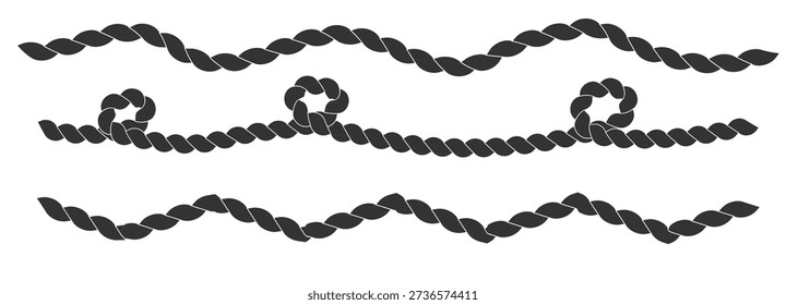Rope brush simple decorative rope for frames and borders. Marine rope texture. Thick cord or wire element set.