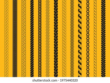 Rope brushes set. Plaits pattern. Thick cord or wire elements. Seamless marine rope texture for decoration.