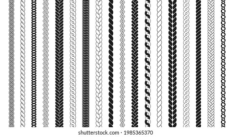 Rope brushes set. Plaits pattern. Thick cord or wire elements. Seamless marine rope texture for decoration.