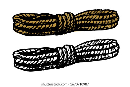 Rope in a bunch. Hand drawn vector illustration. Set of contour and color drawing isolated on white. Doodle element for design, print, card, sticker. Vintage, ink sketch, etching, realistic style.