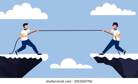 Rope businessman Two men tug-of-war at the top of the mountain Metaphor of time management in team Concept of multitasking, performance, timeline Business project deadline Assessment and control