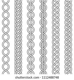 Rope cable weaving, knot twisted braid, macrame crochet weaving, braid knot, vector knitted braided pattern of intersecting strands wicker, set
