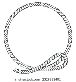 Rope circle border twisted round pattern for decoration with nautical knot loop monochrome line vector illustration. Circular frame marine strong string vintage cable thread strength wicker fiber