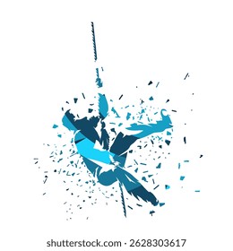 Rope climbing workout, abstract blue isolated vector silhouette, ink drawing