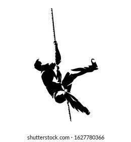 Rope climbing workout, isolated vector silhouette, ink drawing