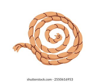 Corda enrolada em espiral circular. Cordão de juta trançado, acessor de fibra de cânhamo grosso, corda forte, espiral de fio para ligação. Ferramenta náutica. Ilustração de vetor plano isolada no plano de fundo branco