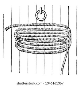 Rope Coiled in Fakes on Deck which one of the circles or windings of a cable or hawser as it lies in a coil, vintage line drawing or engraving illustration.