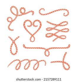 Rope cord straight curved pieces vector set. Hand drawn fisherman knots