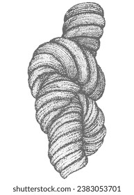 Rope, cord, string, skein, nautical knot, weave, grunge, nautical, dotwork style sketch, black and white vector illustration isolated, tattoo sticker, print