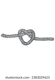 Rope, cord, thread, heart shaped knot, grunge, sea, dotwork style sketch, black and white vector illustration, isolated, tattoo sticker, print