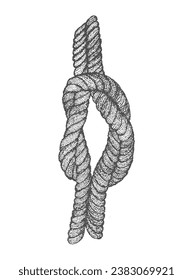 Rope, cord, rope, thread, weave, nautical knot, infinity, grunge, nautical, dotwork style sketch, black and white vector illustration isolated, tattoo sticker, print